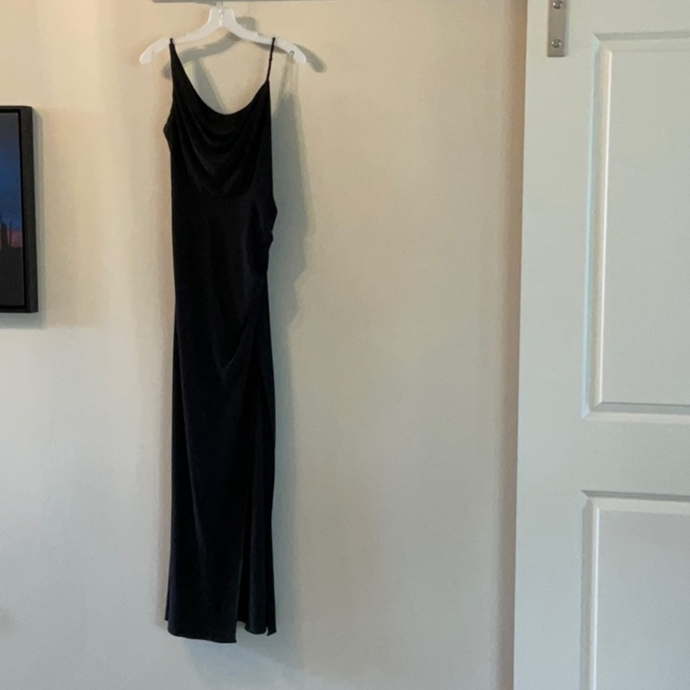 David’s Bridal cowl neck black gown, side slit to mid thigh. New w/ tag,